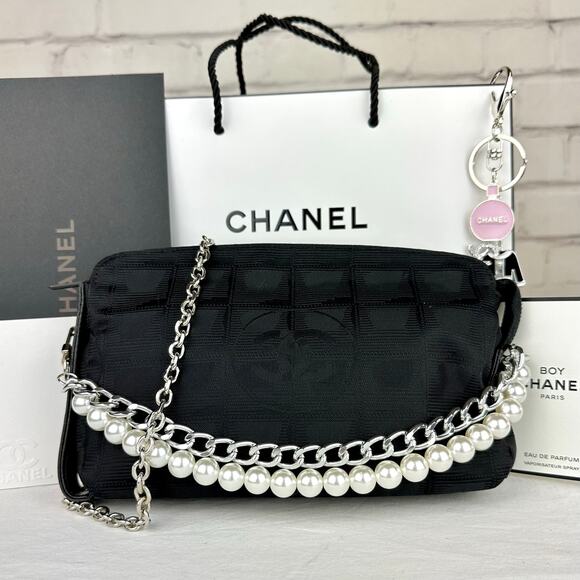 Chanel New Travel Line black canvas cosmetic pouch crossbody bag - Picture 2 of 15